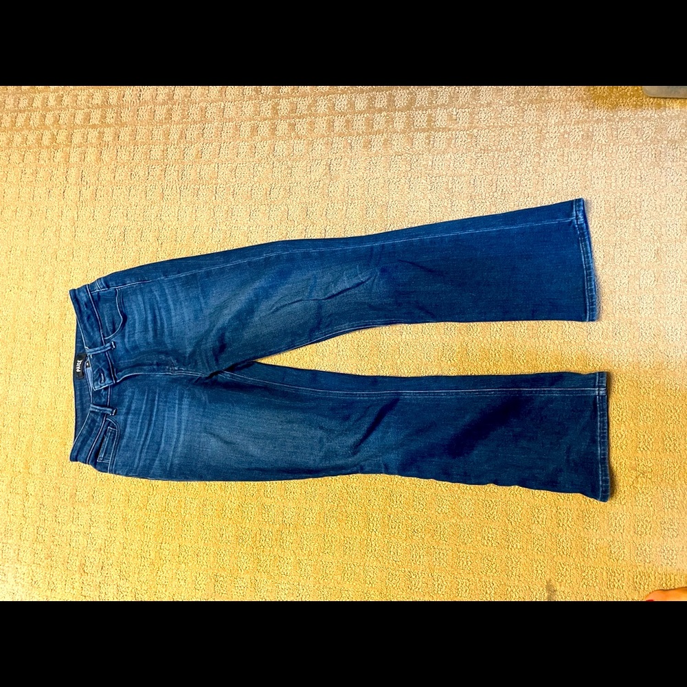 Paige Jeans, size 28, dark denim wash, tiny hole in back thigh area